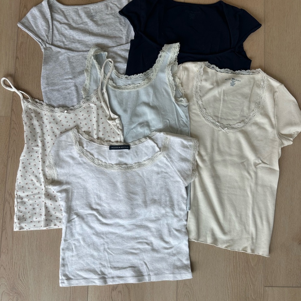Brandy Melville Mixed Lace-Trim Tee & Tank Bundle in White, Cream, Navy